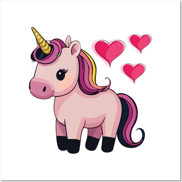 Cute baby unicorn with hearts Wall Art by FUNKY BEARD